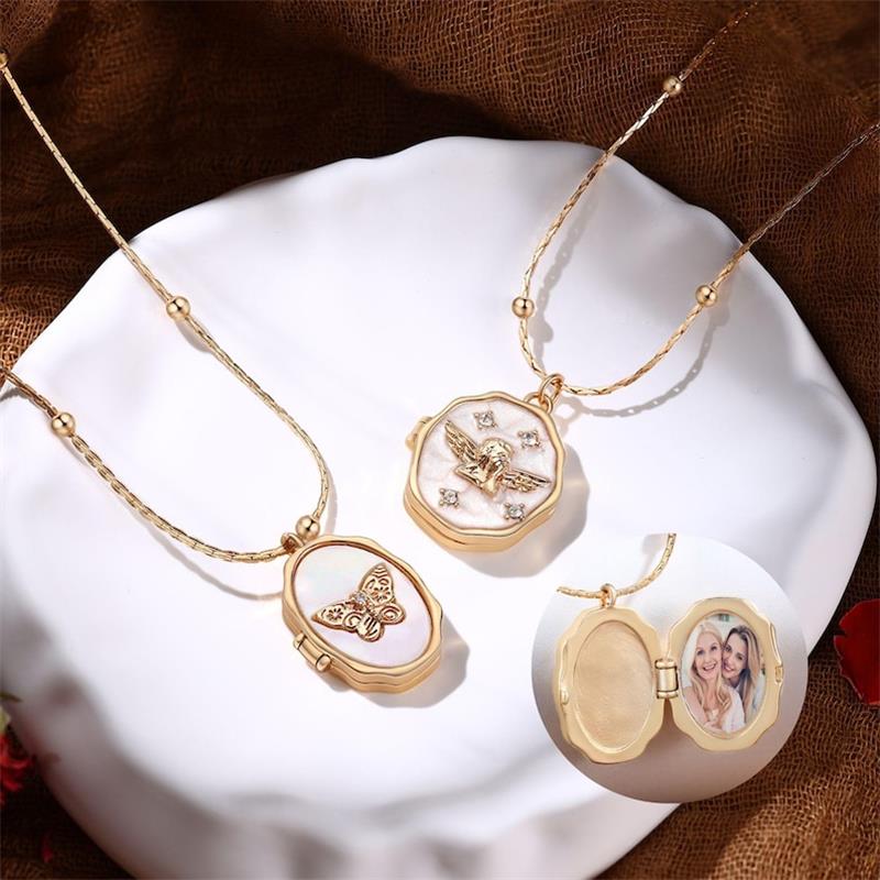 Birth Flower Necklace - Personality Angel Locket Necklace with Photo